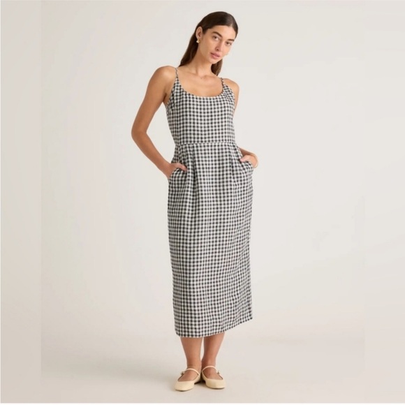 Quince 100% European Linen Scoop Neck Midi Dress Black Gingham Size Large - Picture 1 of 11